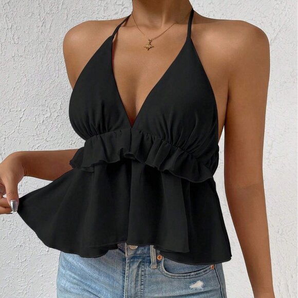 Tie Backless Ruffle Hem Halter Top - Picture 6 of 9